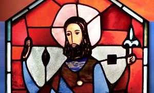 A stained glass image of St Joseph from a window in the Oratory done by artist Marius Plamondon
