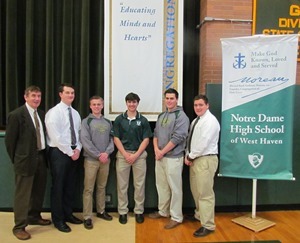 Students who reflected on their Education in the Holy Cross Tradition (left to right):  Brother James Branigan, CSC (President, NDHS), Anthony Coss, Alec Albright, Zachary Cofrancesco, Colton Kopcik, and Joseph Petrosino