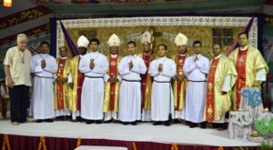 From the right side Digonta Denis Chambugong, Gracy Isubious D'Rozario, Robert Robi Nokrek, Gourav Graner Pathang and Kevin Louis Kubi with bishops and others