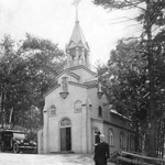 Br. André Bessette, C.S.C., outside the Oratory of St.Joseph