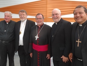 Left to Right: Fr Richard V Warner, CSC, Bishop  Norberto Strotmann, MSC, Bishop Arthur J Colgan, CSC, Fr Thomas J O'Hara, CSC, and Bishop Jorge Izaguirre, CSC
