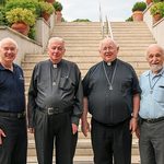 22.  Four Superior Generals of the Congregation of Holy Cross.  From left to right: Fr. Hugh Cleary (1998-2010), Fr. Richard Warner (2010-2016), Fr. Bob Epping (newly elected), Fr. Claude Grou (1986-1998)