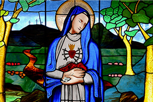 Our Lady of Sorrows stained glass in St George's College in Chile