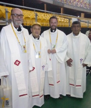 Fr Roberto Gilbo, CSC, Fr Jose Ahumada, CSC, Fr David Halm, CSC, and Fr Pedro Parra, CSC, at the Papal Mass