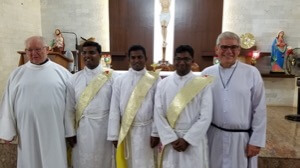 Antony Cheliyan Savariraj, John Kennedy, and Jesu Manickam with the Superior General and Vicar General of the Congregation